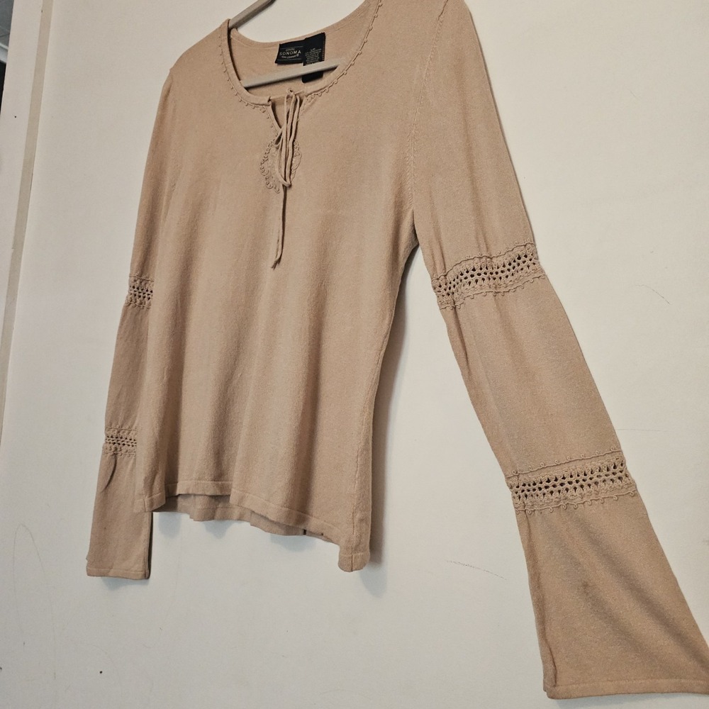 Bohemian Sonoma Bell Sleeve Knit‎ Top Crochet Tie Neck Oatmeal Lg Rayon Festival